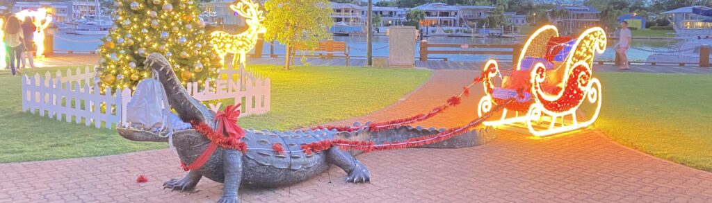 crocodile as a reindeer on a sleigh in cullen bay darwin northern territory