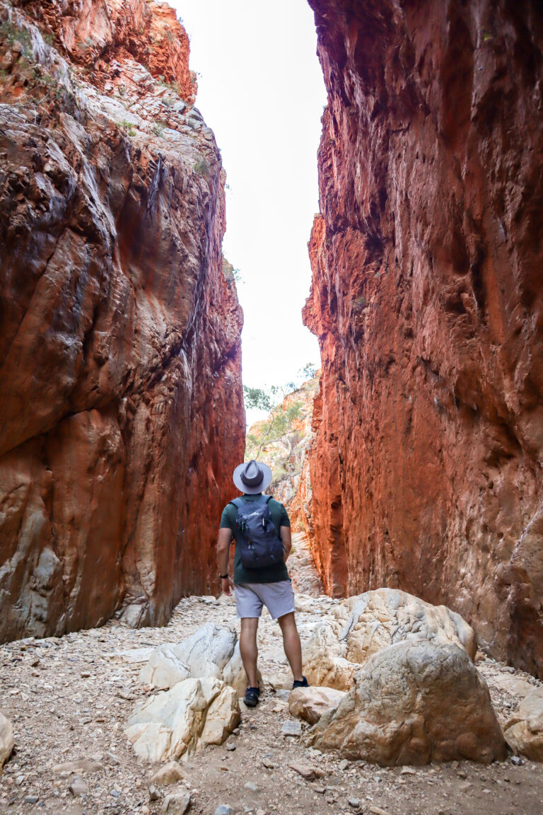 A man standing between two gorges in Standley Chasm