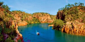 boat driving through the waters of Katherine Gorge
